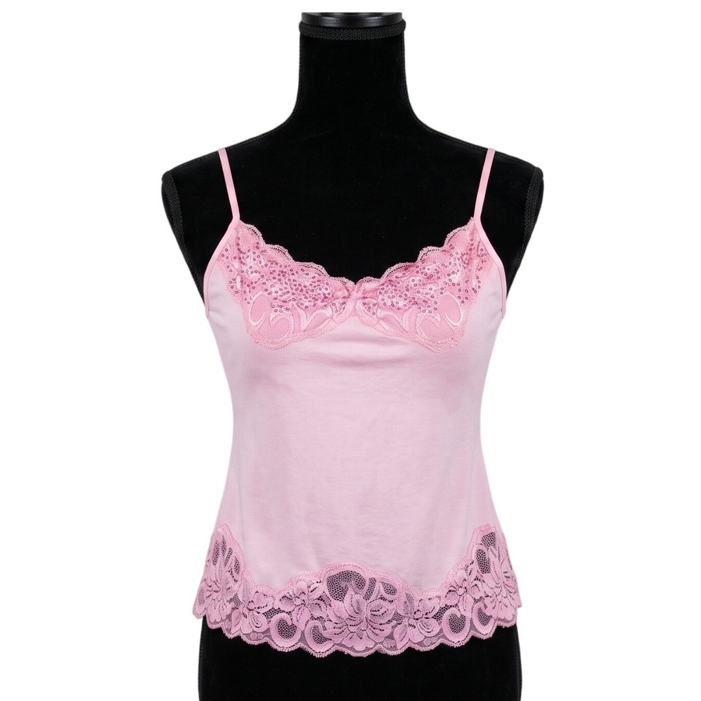 Vintage Y2K Silk Blend Lace Camisole Pink Trim Sequin Top Petite Large Coquette - Picture 2 of 5